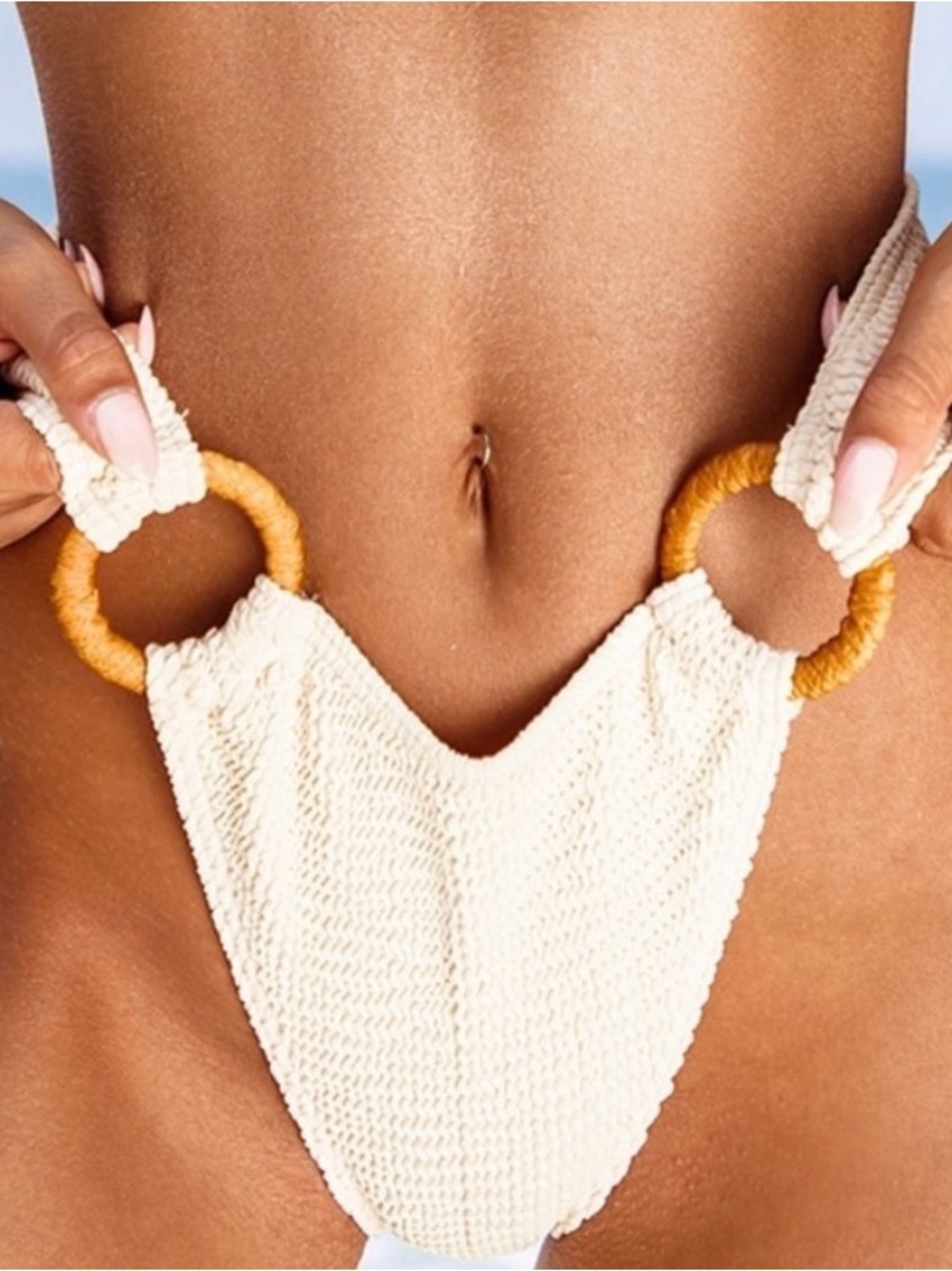 Cream Crinkle Bandeau Ring Bikini Set